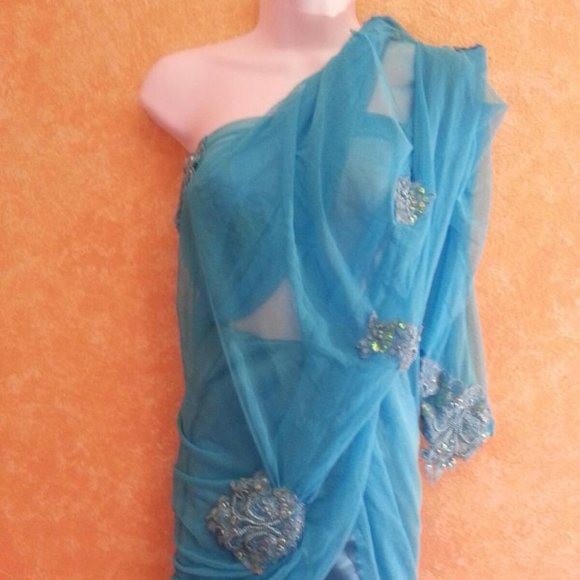 Custom Order Turquoise Lace Net Wedding Saree - Picture 7 of 8